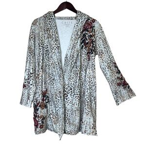 CAITE Athleta Open Front Floral Embroidered Leopard Cardigan Hooded Sweater Sz S